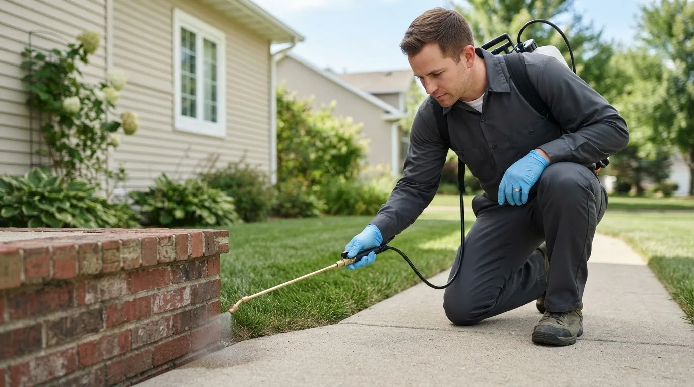 Pest control technician treating a home near Rochester, TX