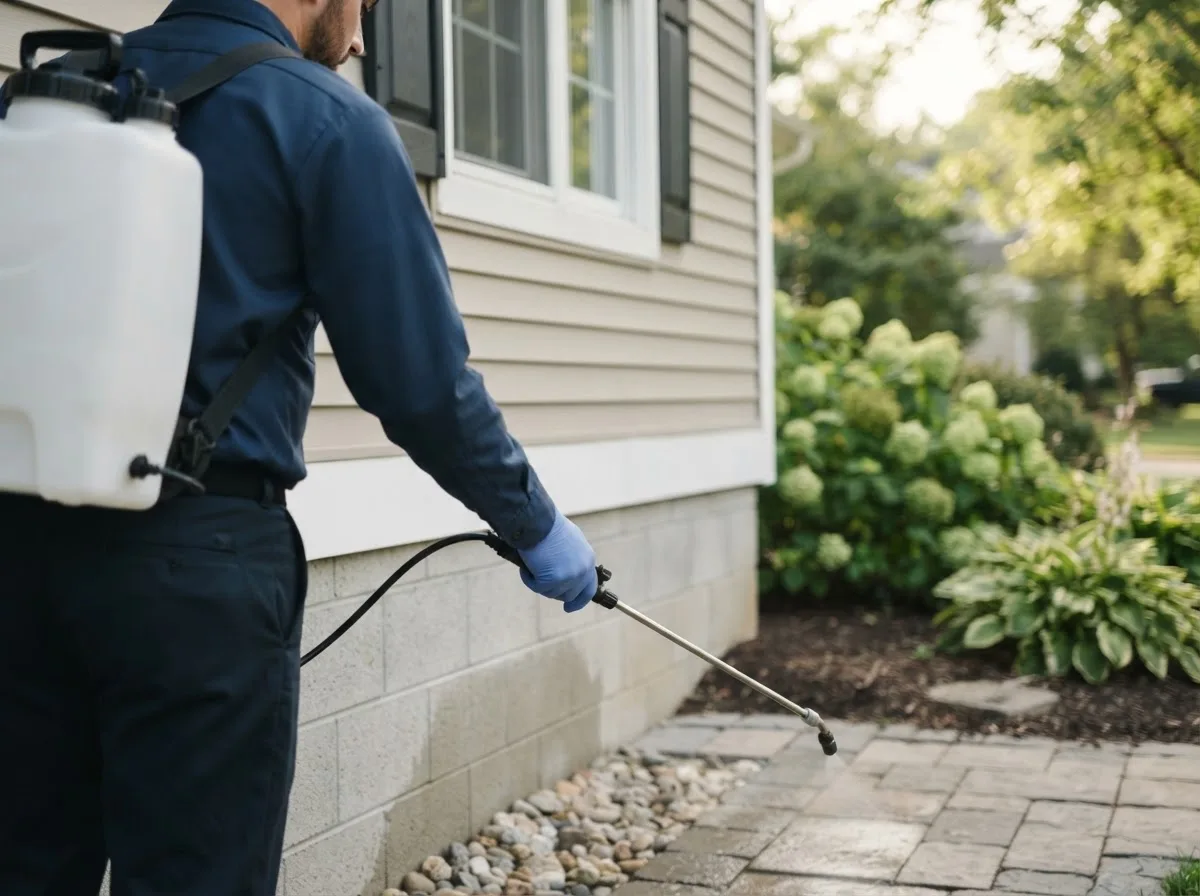 Pest control technician inspecting a home in Rochester, TX